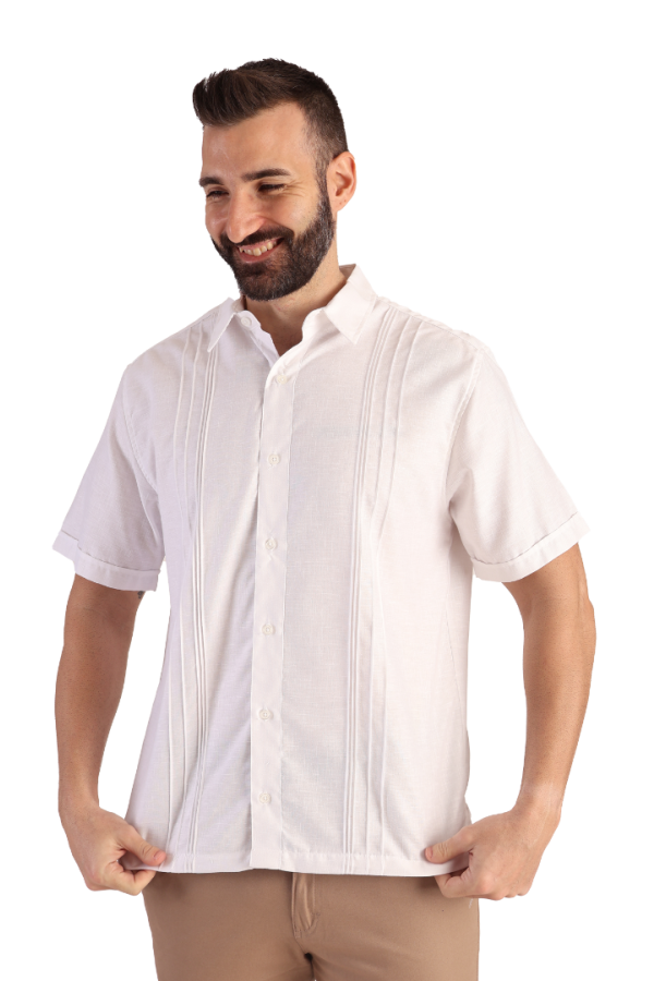 Guayabera Manga Corta Blanca Con Alforzas Look De Lino Para Caballero